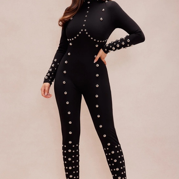 Sleek Black Studded Jumpsuit with High Neckline - Picture 4 of 10